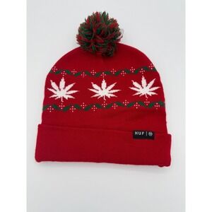 HUF Red Pom Beanie Hat Knit Cap Marijuana Leaf Holiday Winter